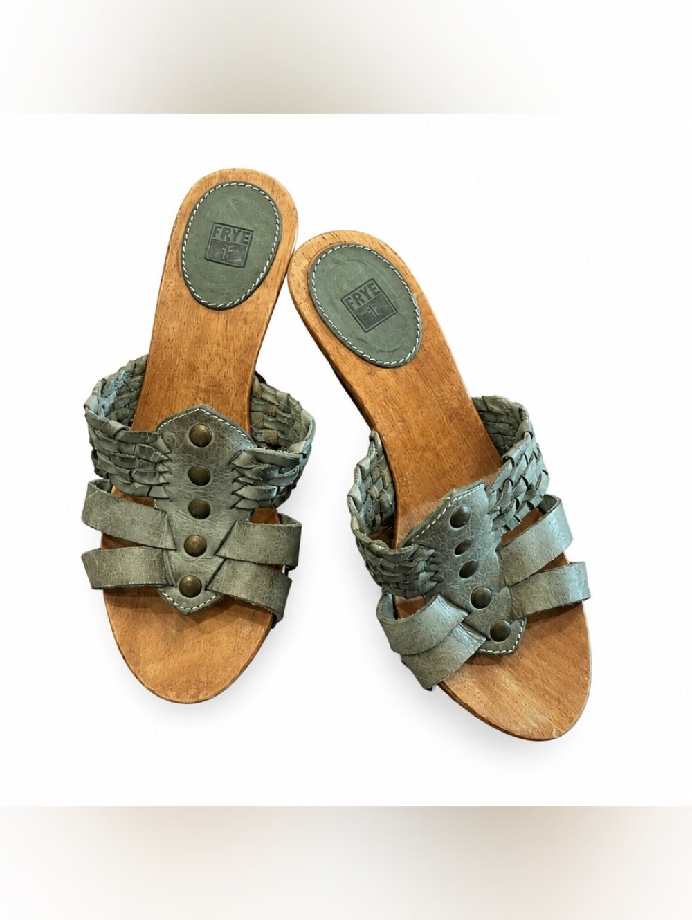 FRYE Braided Leather Slide Mules in Olive Size 7.5/8